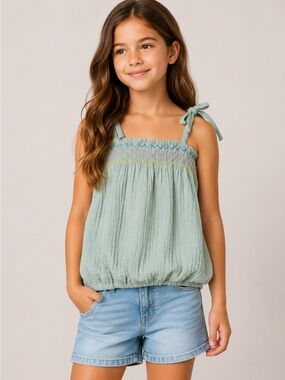 The Sunday Collective Embroidered Smocked Tie-Shoulder Tank Top